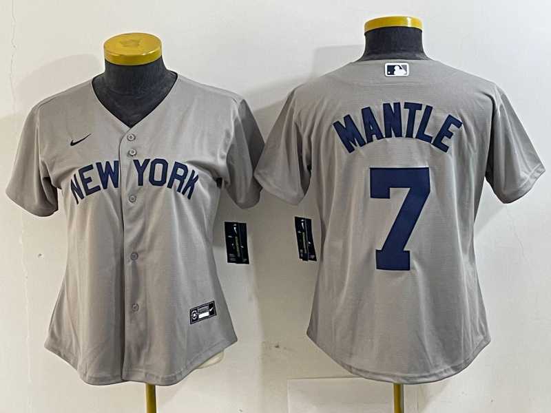 Women%27s New York Yankees #7 Mickey Mantle Name 2021 Grey Field of Dreams Cool Base Stitched Jersey